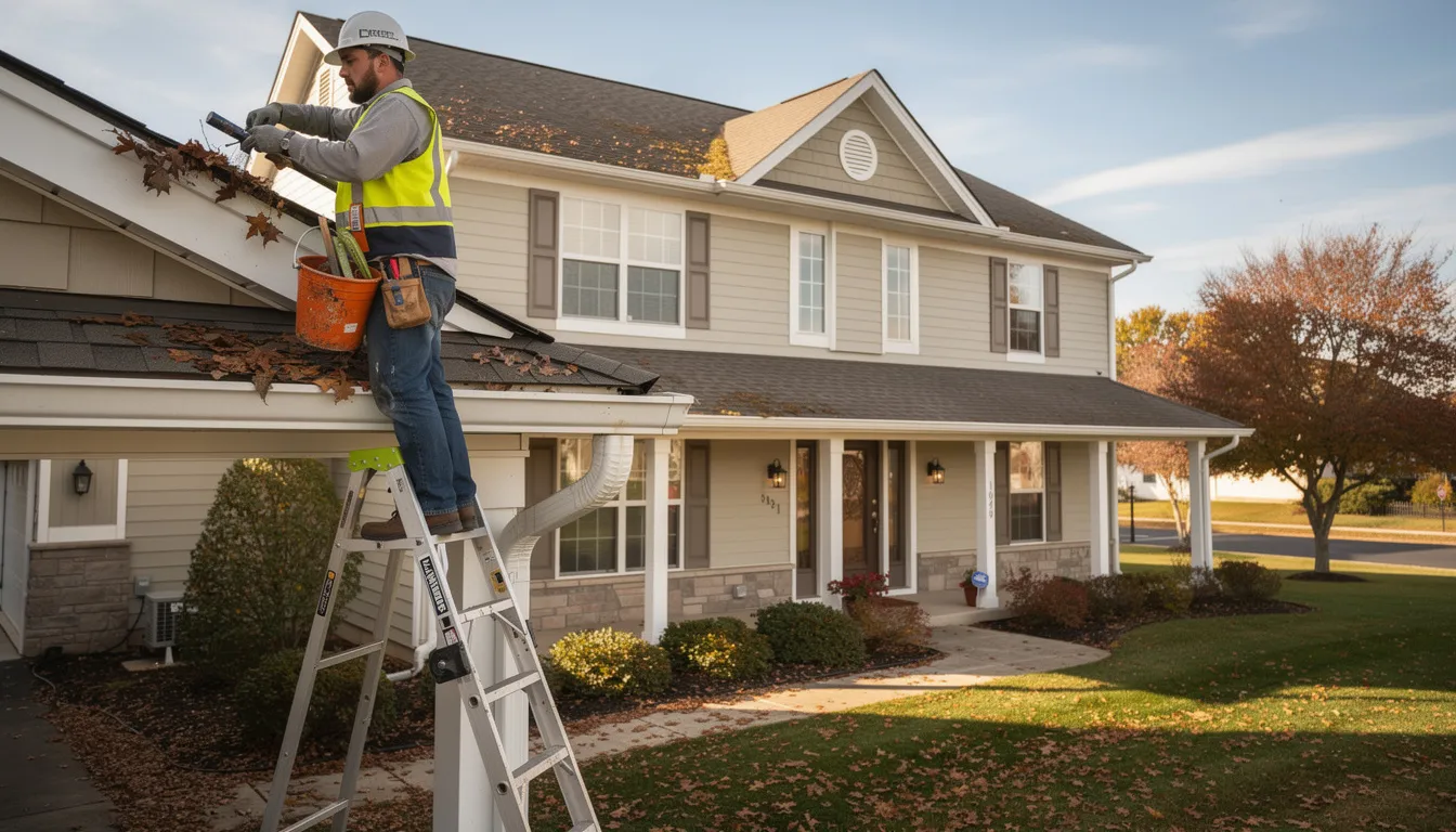 A professional is seen on a ladder, diligently cleaning leaves and debris from a residential gutter system, ensuring its efficient functioning and preventing potential water damage. This gutter cleaning service is essential for maintaining a well-functioning gutter system, especially in areas like Pueblo West, Colorado.