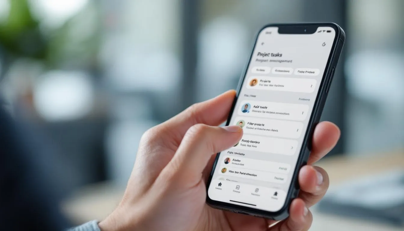 Une personne utilisant une application de gestion de projet sur un iPhone.
