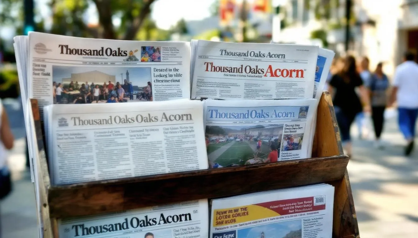 In the image titled "Related Stories by Thousand Oaks Acorn," various headlines and snippets about advancements in blockchain gaming are displayed, highlighting the integration of blockchain technology into the gaming industry. The focus is on topics such as digital ownership, play to earn models, and the impact of non-fungible tokens (NFTs) on in-game assets and economies.