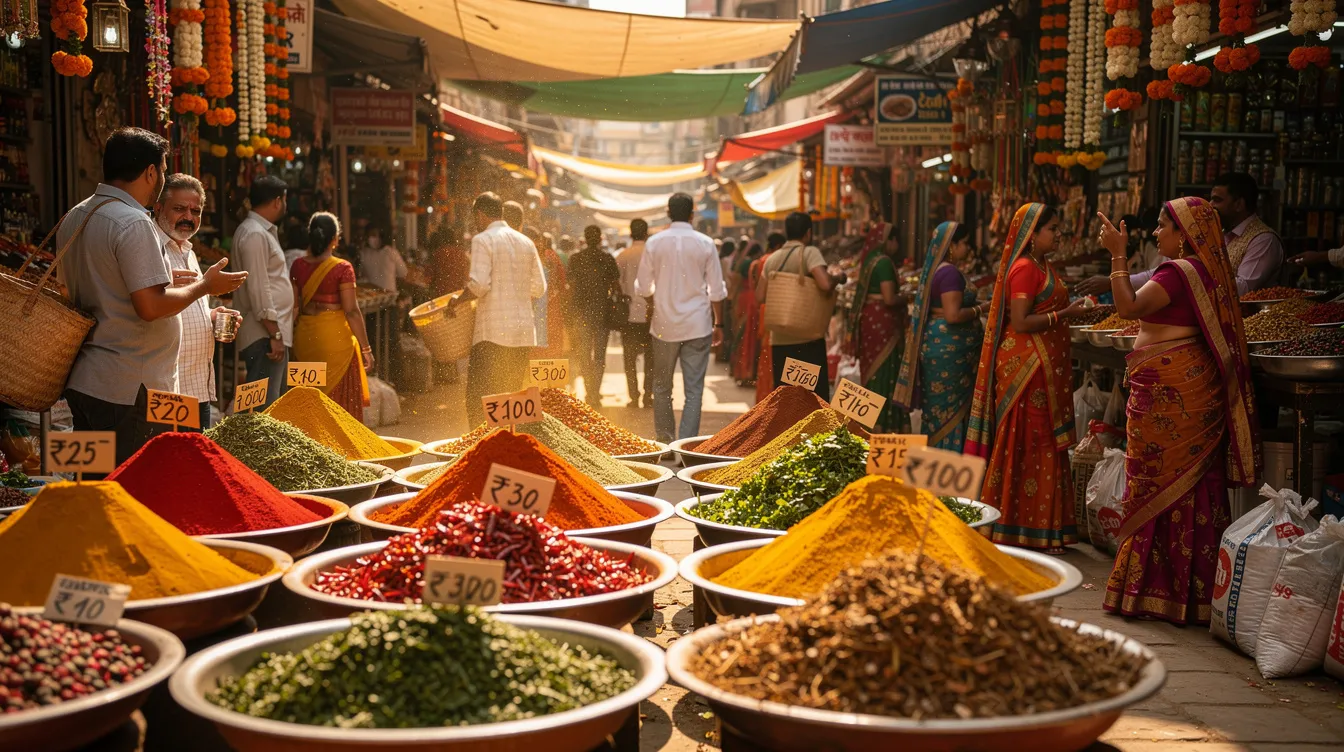 A bustling Indian street market is filled with vibrant colors as large bowls of spices are displayed attractively, while shoppers navigate through the lively scene. The atmosphere reflects the rich culture and tourism purposes of India, inviting foreign nationals to visit and explore its culinary delights.