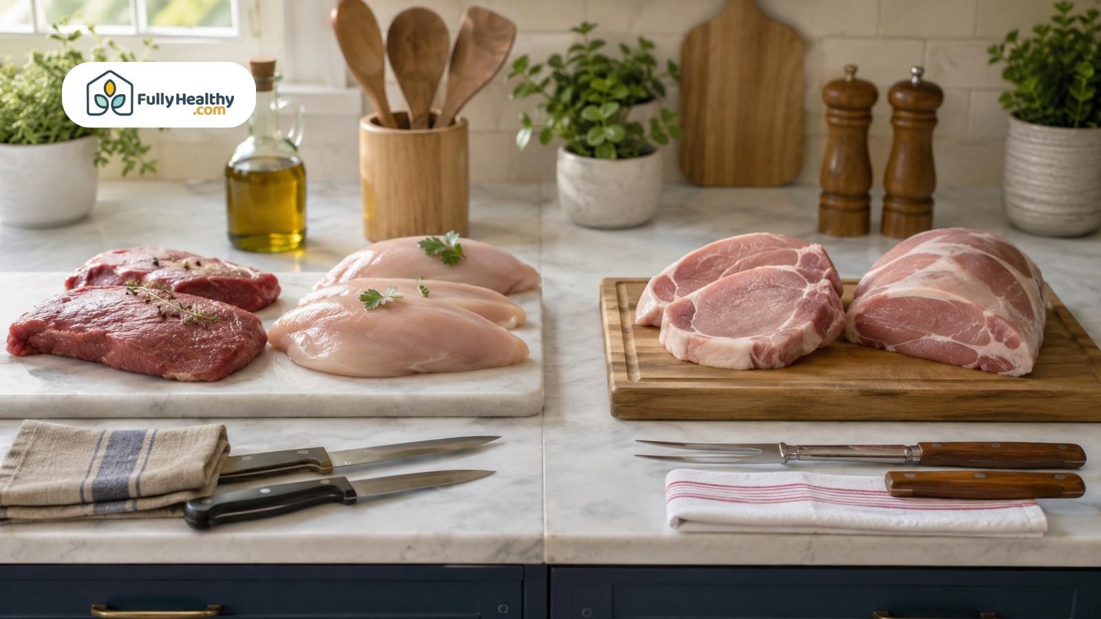 Kosher meats separated from pork cuts on clean kitchen countertop for comparison