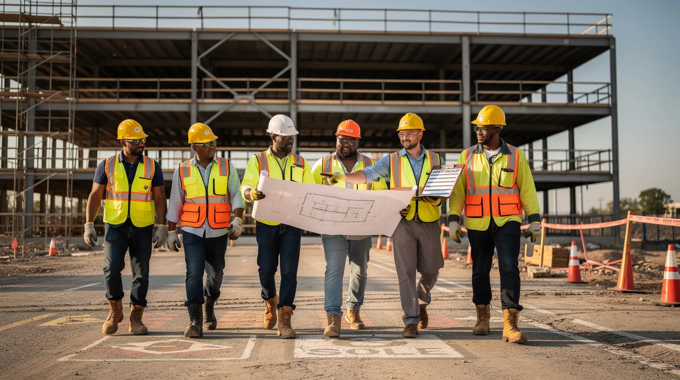 A group of construction workers wearing hard hats and high-visibility vests is conducting a safety walkthrough on a commercial building site, with steel framing visible in the background. This scene emphasizes the importance of workplace safety and the commitment to maintaining a strong safety reputation among contractors and their workforce.