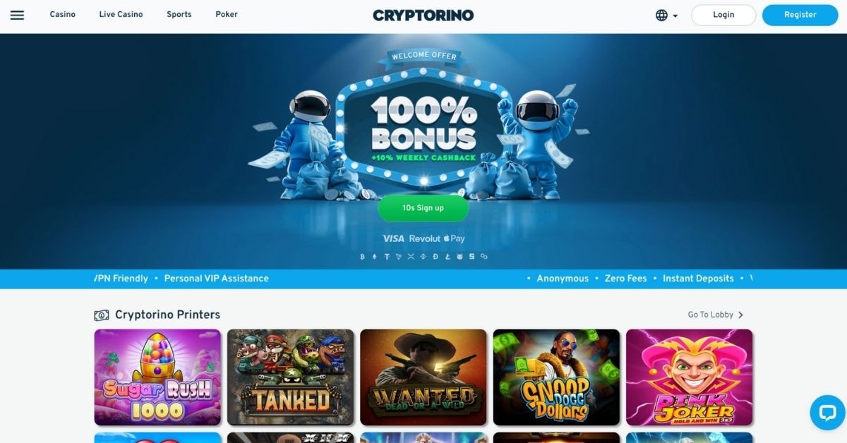 Cryptorino crypto casino homepage showing 100% welcome bonus with 10% weekly cashback, instant deposits, zero fees, VIP assistance, and popular slots like Sugar Rush, Wanted Dead or a Wild, and Snoop Dogg Dollars.