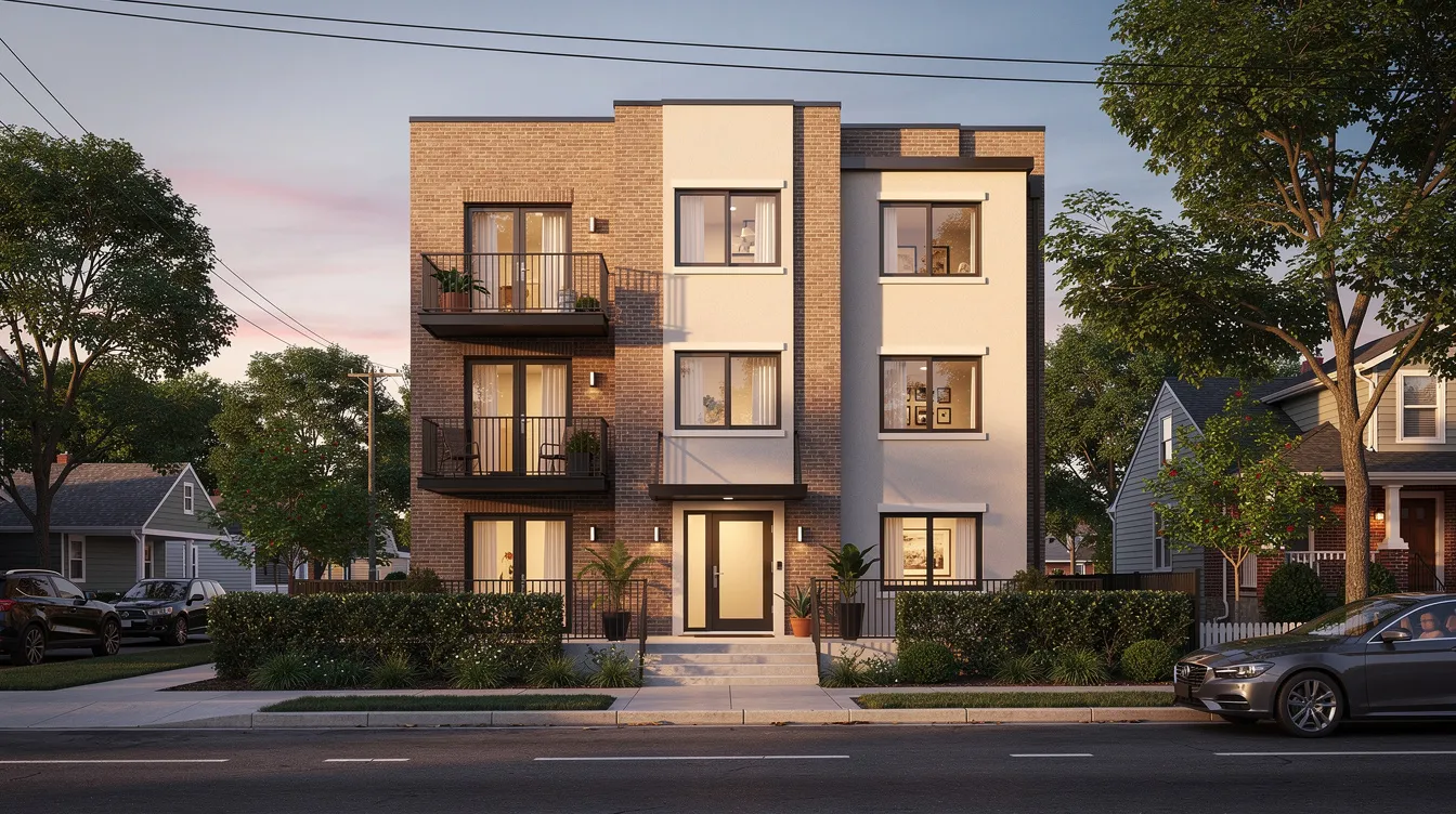 The image depicts a small multifamily apartment building situated on a quiet residential street, surrounded by greenery. This type of property can be an important aspect of real estate investment, often generating monthly rent that contributes to net operating income and helps cover annual debt service obligations.