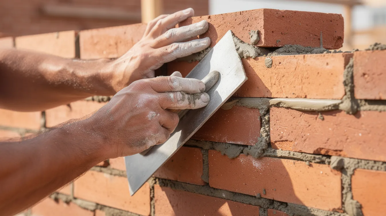 A pair of hands is using a pointing trowel to press fresh mortar into the mortar joints of a brick wall, ensuring a smooth fill to repair any cracks and enhance the structural integrity of the brickwork. This essential task helps prevent future damage and deterioration of the masonry by sealing out moisture.