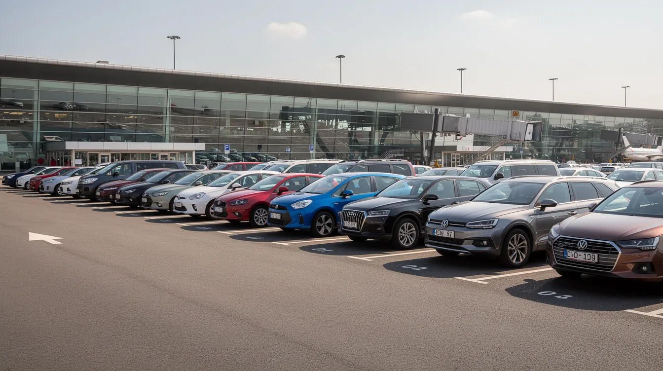 Auto a noleggio parcheggiate in fila vicino a un terminal aeroportuale.