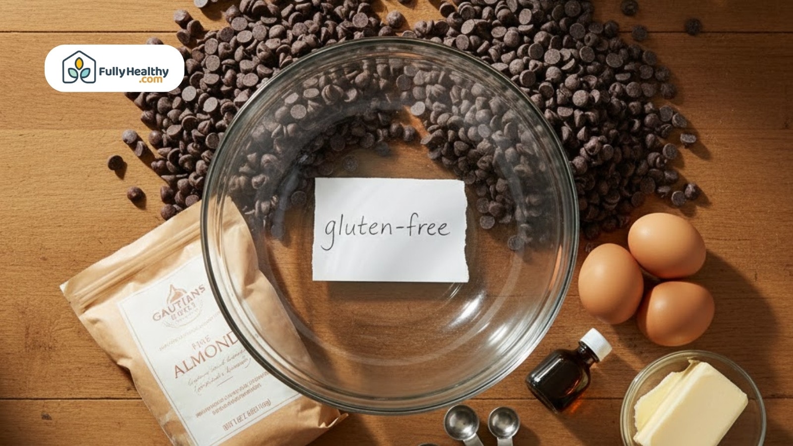 Gluten free baking ingredients with chocolate chips eggs almond flour and mixing bowl