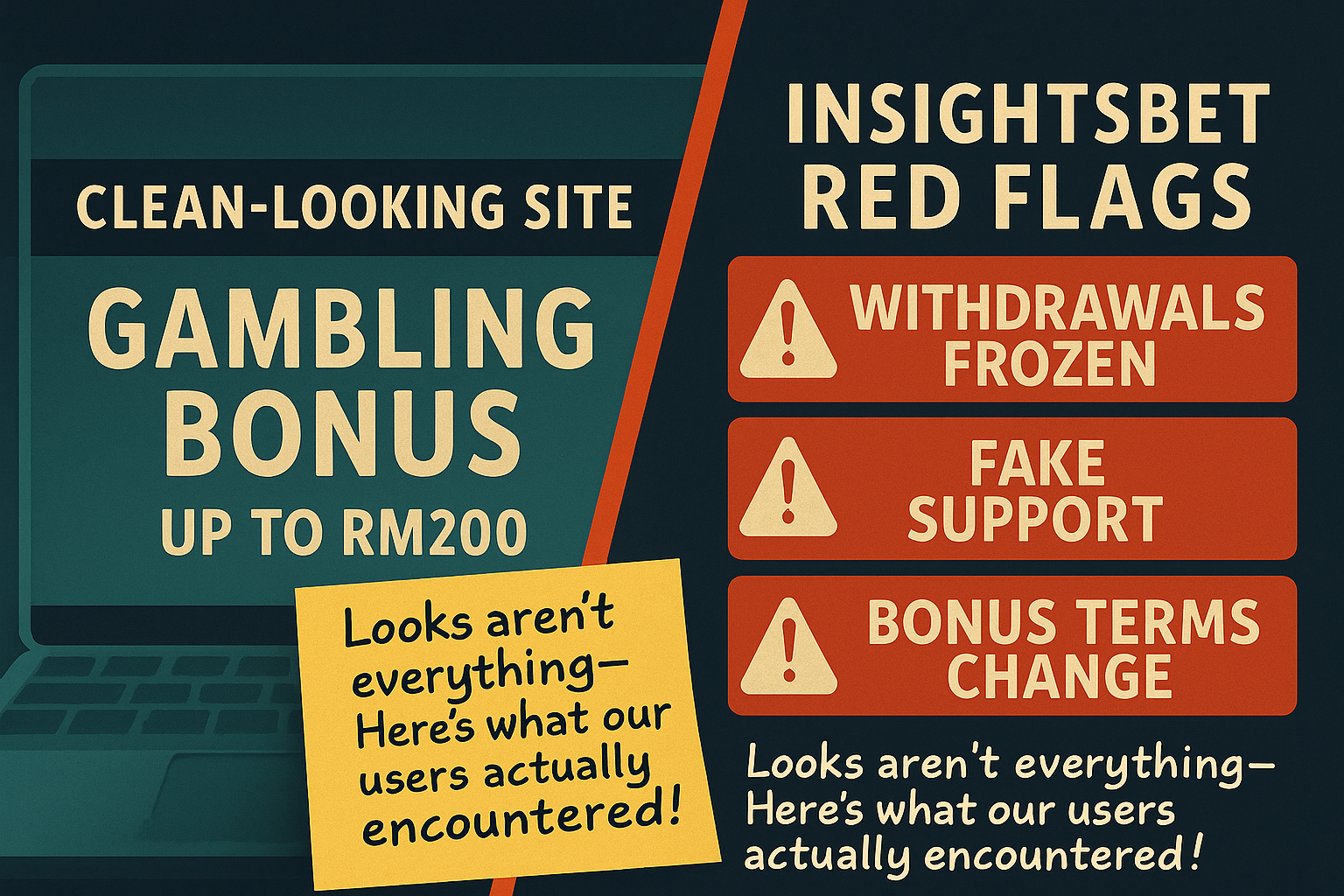 A digital graphic comparison shows a clean 'GAMBLING SITE' advertising a bonus versus InsightsBet red flags showing frozen withdrawals, fake support, and changed bonus terms, with a sticky note reading 'Looks aren’t everything—Here’s what our users actually encountered!