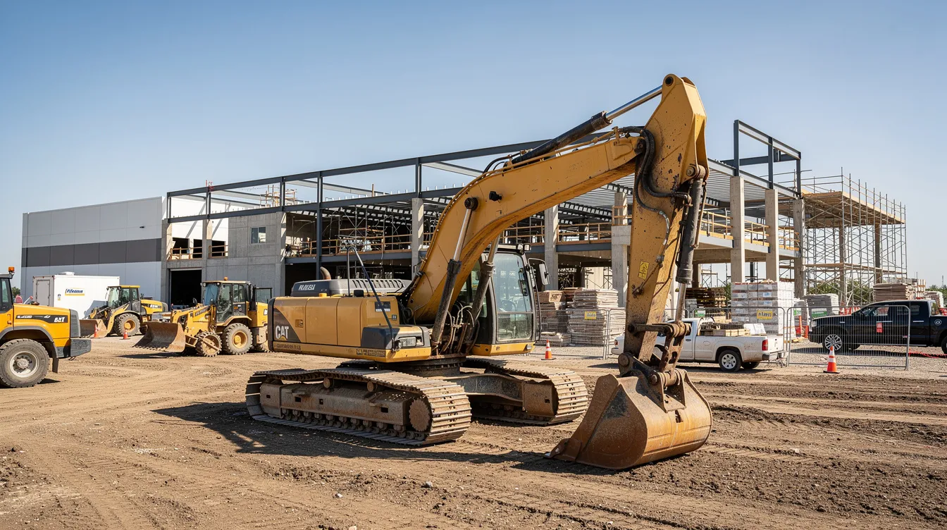 The image depicts heavy construction equipment, specifically an excavator, parked at a commercial building site, surrounded by various construction materials and machinery. This scene highlights the ongoing work and development in the area, which may involve contractors and business partners engaged in the project.