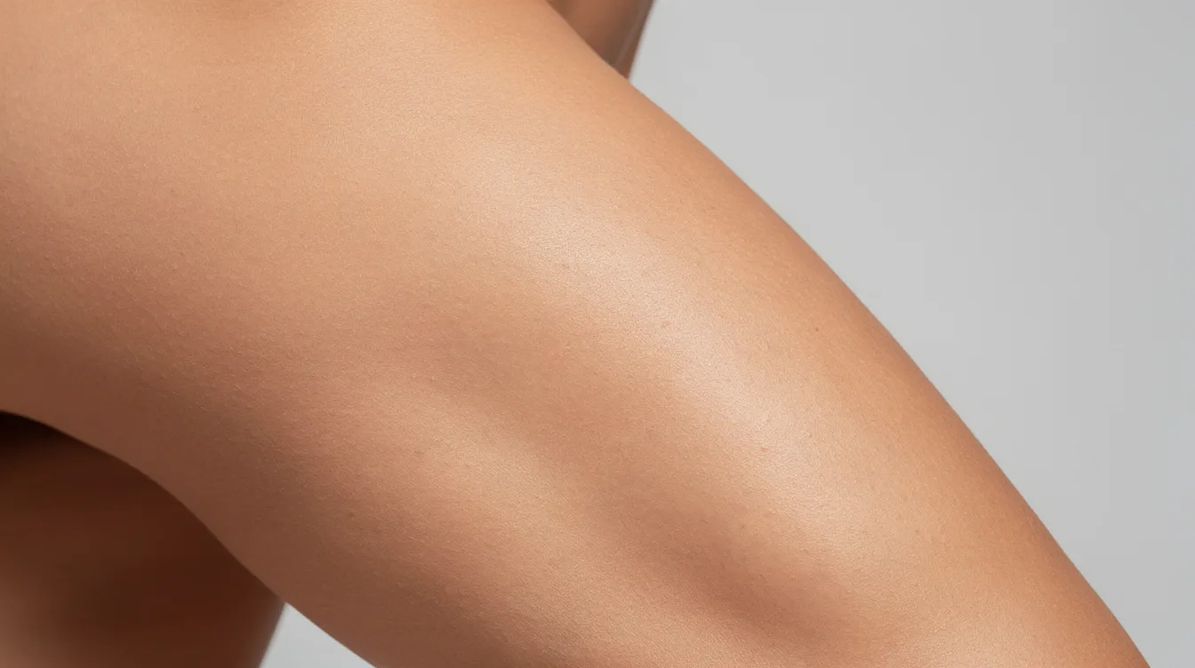 The image shows a close-up of a woman's hip and upper thigh area, highlighting smooth and firm skin under neutral lighting. This depiction emphasizes the skin quality that can be enhanced through treatments like Sculptra injections, which stimulate the body's natural collagen production for a tighter and more youthful appearance.
