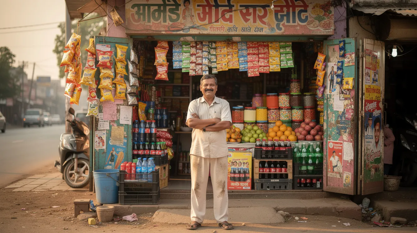 e7e8f8b5 d04f 44b6 aeb5 a28a6a18448f The image depicts a proud small shop owner in India standing outside a vibrant roadside store, symbolizing the spirit of entrepreneurship and the impact of financial inclusion initiatives like the Pradhan Mantri Mudra Yojana. This scene highlights the importance of providing collateral-free loans to support women-led businesses and enhance access to financial support for micro units development.