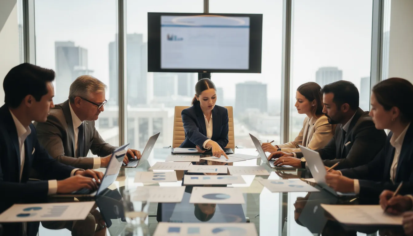 In a modern conference room, a group of business professionals is engaged in reviewing various documents related to executive compensation matters, including employment agreements and equity compensation plans. The atmosphere reflects a collaborative effort to discuss key employee benefits and compensation arrangements essential for corporate governance.
