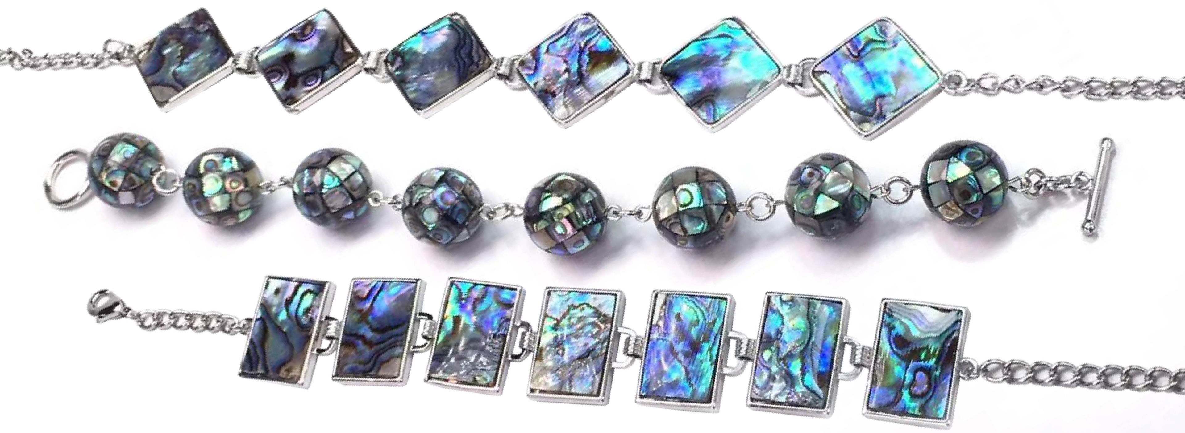 Top to Bottom: Diamond Shape Flat Bead Abalone Bracelet | Round Bead Abalone Bracelet | Rectangular Flat Bead Abalone Bracelet