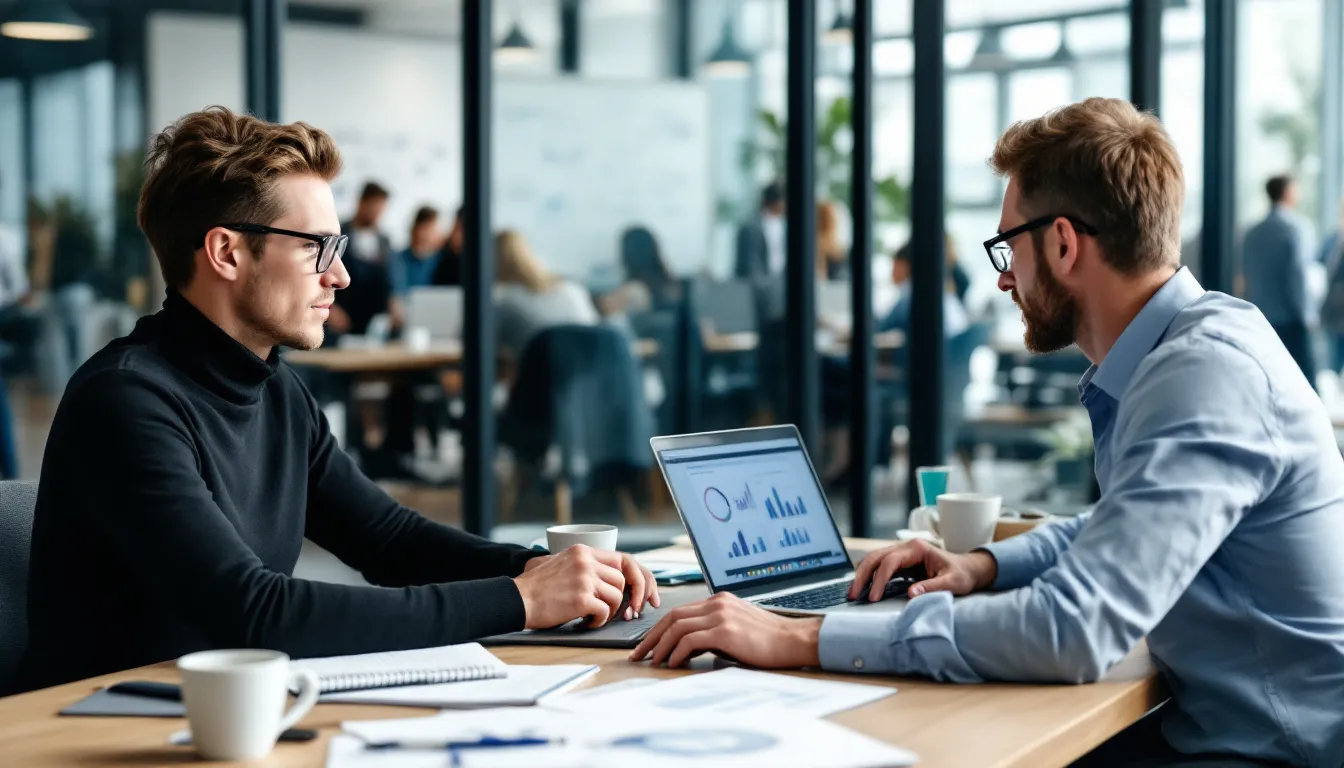 In the image, modern office workers are engaged in analyzing charts on their computers, comparing two data platforms, specifically Azure Data Factory and Azure Databricks. The scene reflects a collaborative environment focused on data engineering, highlighting aspects like data integration services and scalable data transformation through visual tools and data workflows.