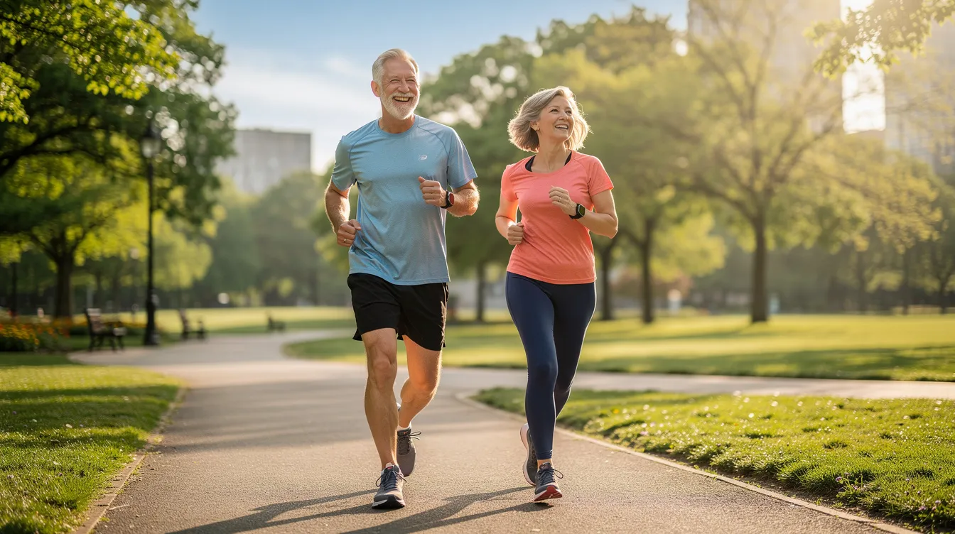 Two older adults, a man and a woman, are jogging together through a sunlit park, enjoying the fresh air and promoting their cardiovascular health. Their active lifestyle reflects a commitment to overall health and wellness in the later stages of life.