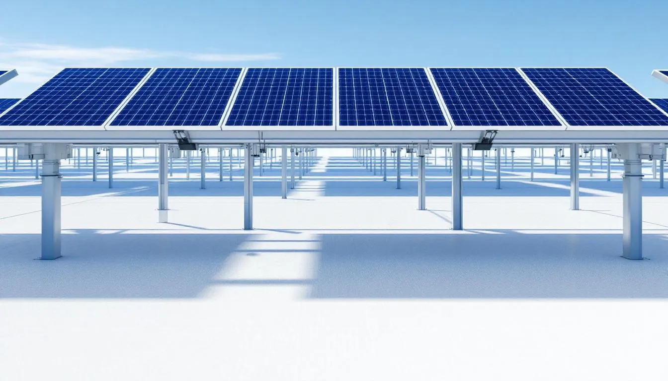 The image depicts a solar installation featuring bifacial solar panels mounted above a highly reflective white surface, designed to optimize energy capture from both the front and rear sides of the panels. This setup enhances electricity generation by utilizing reflected light to increase overall energy output.
