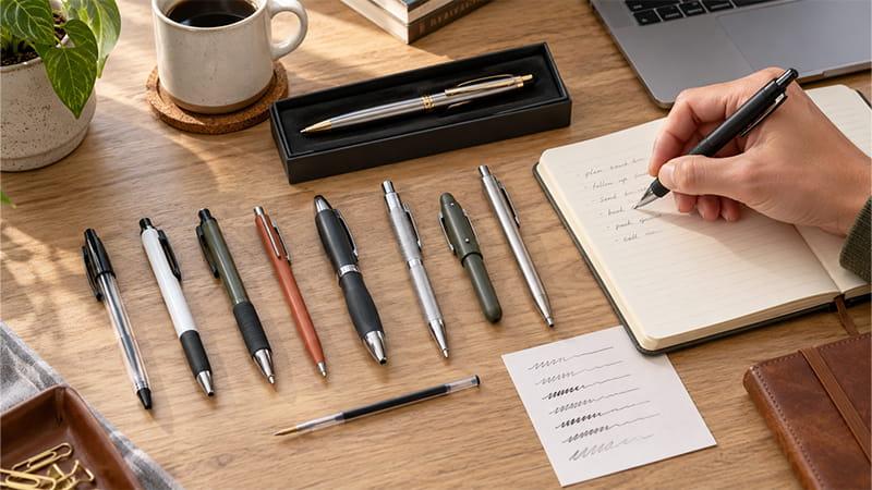 Nine different ballpoint pens compared for everyday writing, office work, travel, comfort, and business gifting