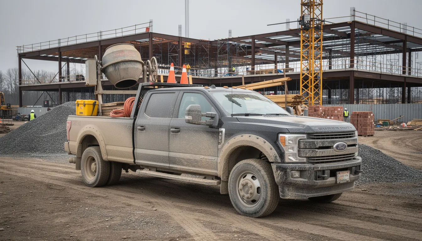 A heavy-duty pickup truck, such as a Chevrolet Silverado, is parked at a construction site, with various equipment loaded in the bed. This vehicle, with a gross vehicle weight rating over 6,000 lbs, is eligible for significant tax benefits, including the section 179 deduction for business use.