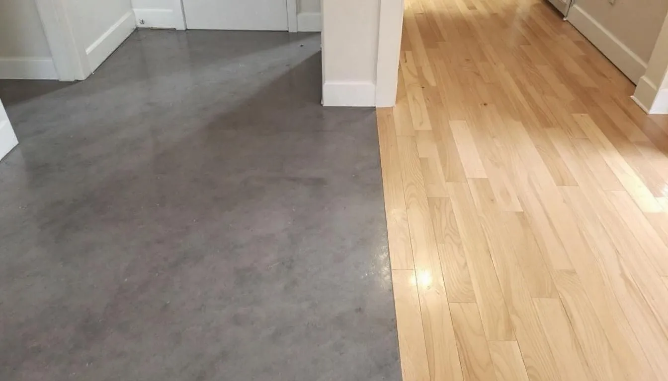 The image shows a side-by-side comparison of polished concrete floors and hardwood flooring in adjacent rooms, highlighting the sleek, reflective surface of the polished concrete against the warm, natural beauty of the hardwood. This visual representation emphasises the aesthetic appeal and durability of both flooring options, illustrating how polished concrete can be a cost-effective and low-maintenance choice for various spaces.
