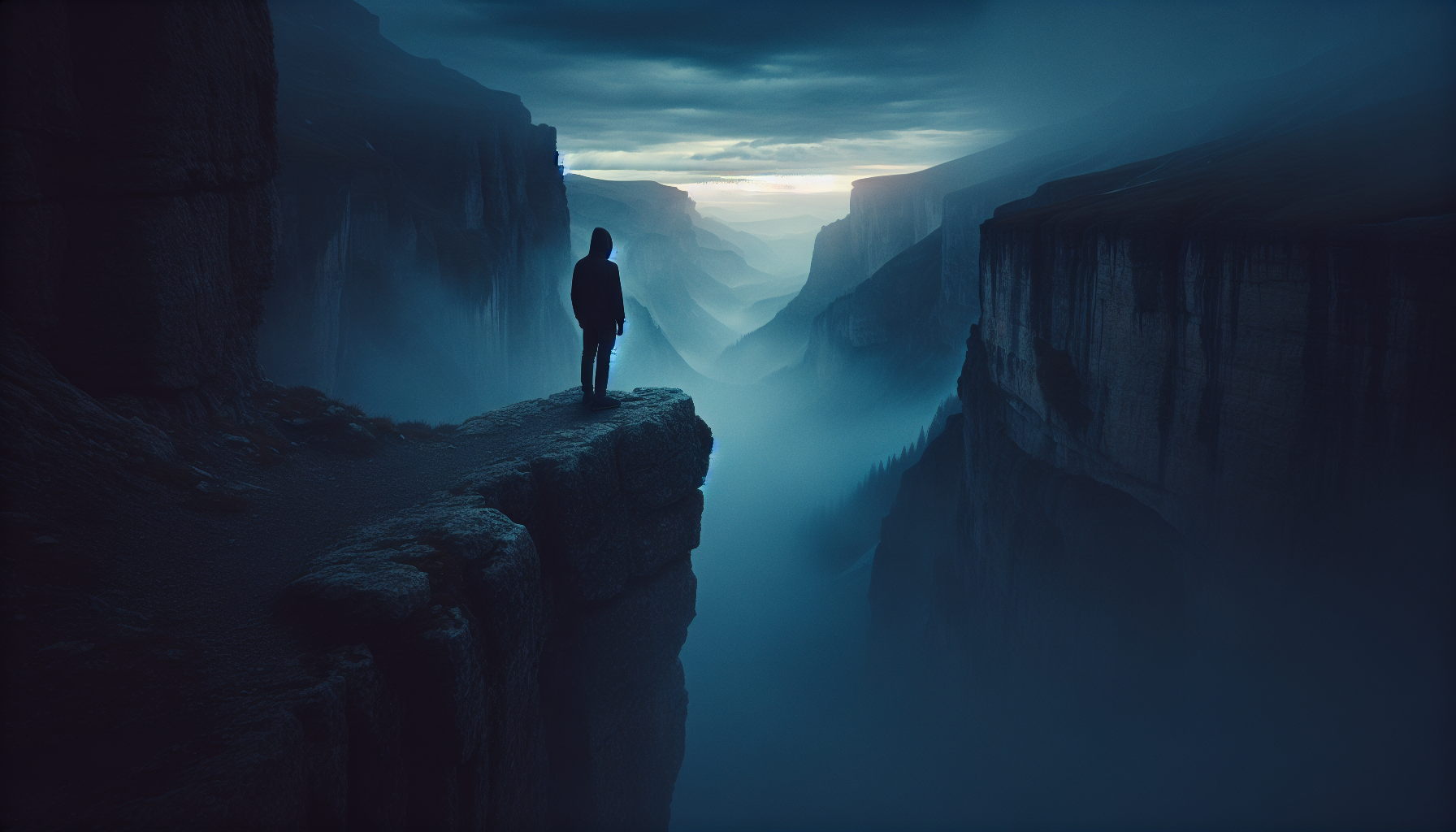 A person standing at the edge of a cliff, symbolizing the fear of failure