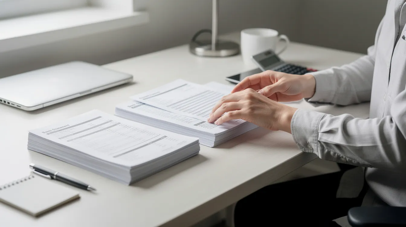 A person is meticulously organizing financial documents and bank statements on a tidy desk, with a calculator placed nearby, creating an efficient workspace for managing their finances. This scene highlights the importance of security and organization in handling sensitive information.