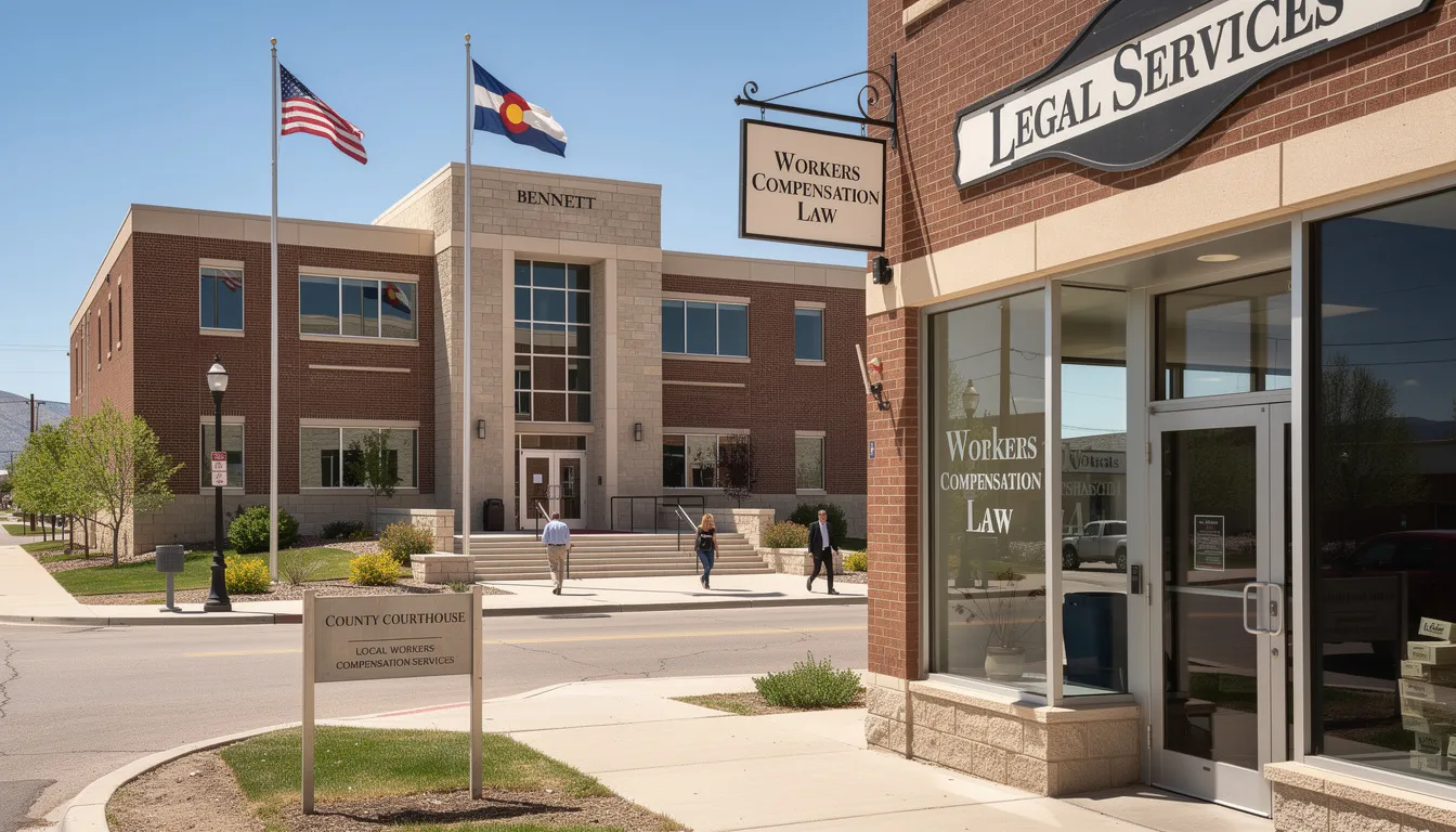 The image depicts the Bennett Colorado courthouse, a central hub for local workers compensation services, where injured workers can seek assistance with their workers compensation claims. Surrounding the courthouse are various law offices, emphasizing the availability of legal support for personal injury cases and workplace injuries.