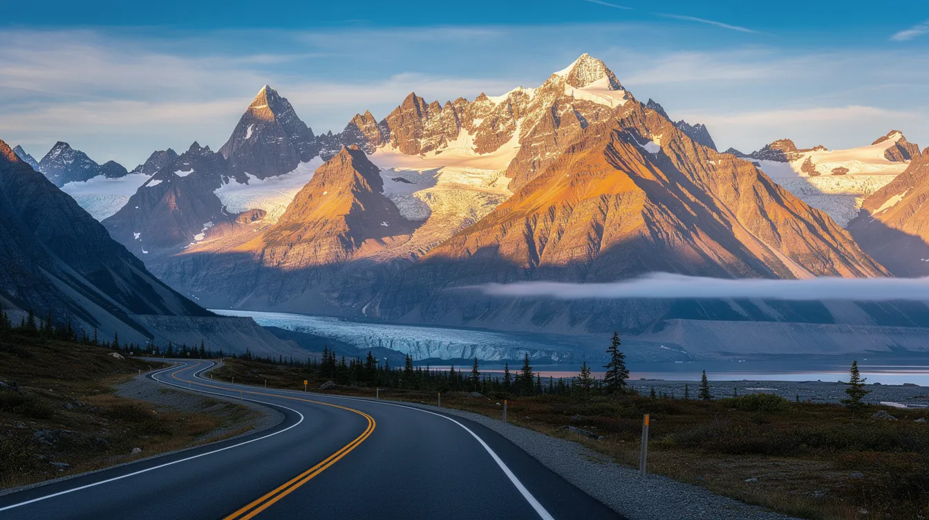 The image depicts a dramatic view of the Alaska mountain range, with a winding highway snaking through the landscape below, offering a picturesque route for vehicle transportation. This scenic highway is ideal for auto transport companies, providing a beautiful backdrop for car shipping needs in Alaska.