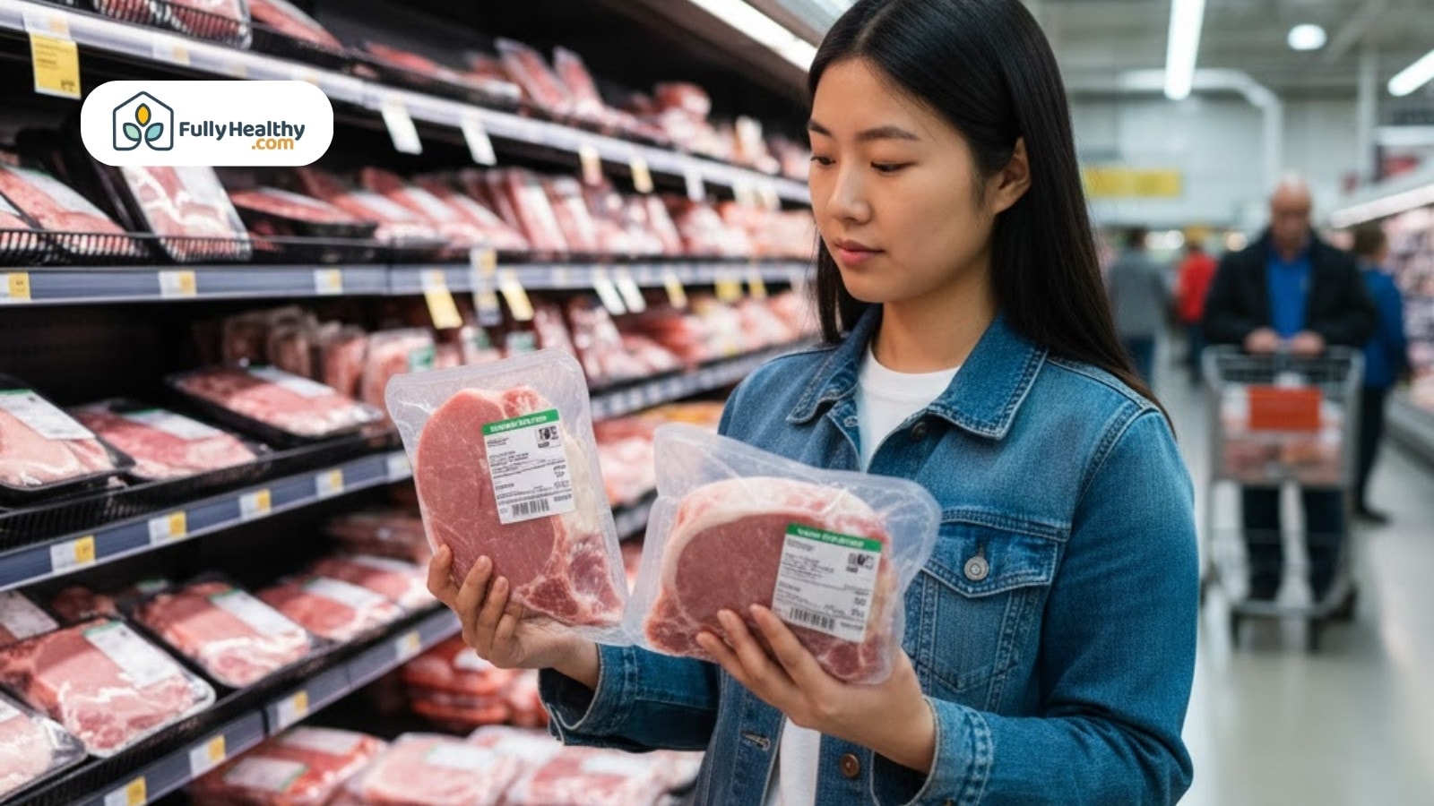 Woman comparing pork nutrition labels while shopping in grocery store meat aisle
