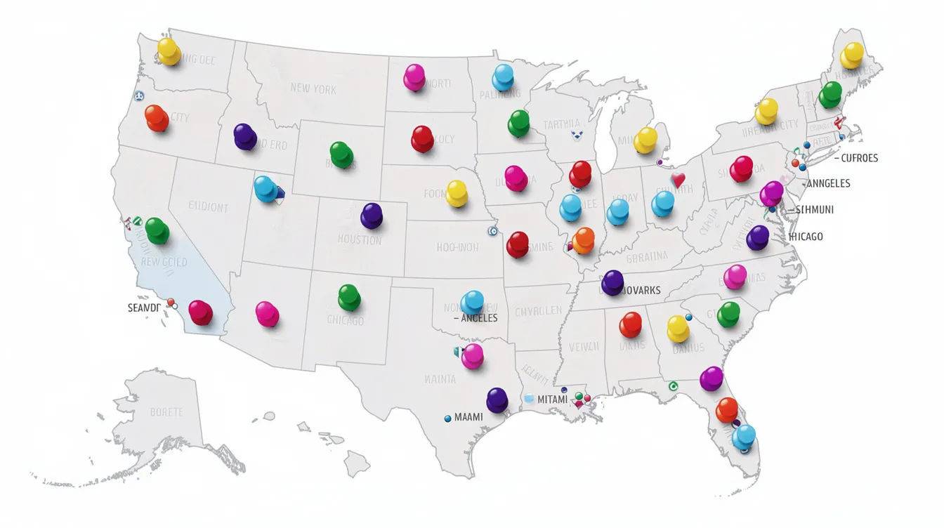 The image features a colorful map of the United States, adorned with vibrant pins that indicate various major cities. This visual representation highlights the geographic diversity and potential locations for content creators and hiring managers seeking to understand market trends and compensation benchmarks in the digital content industry.