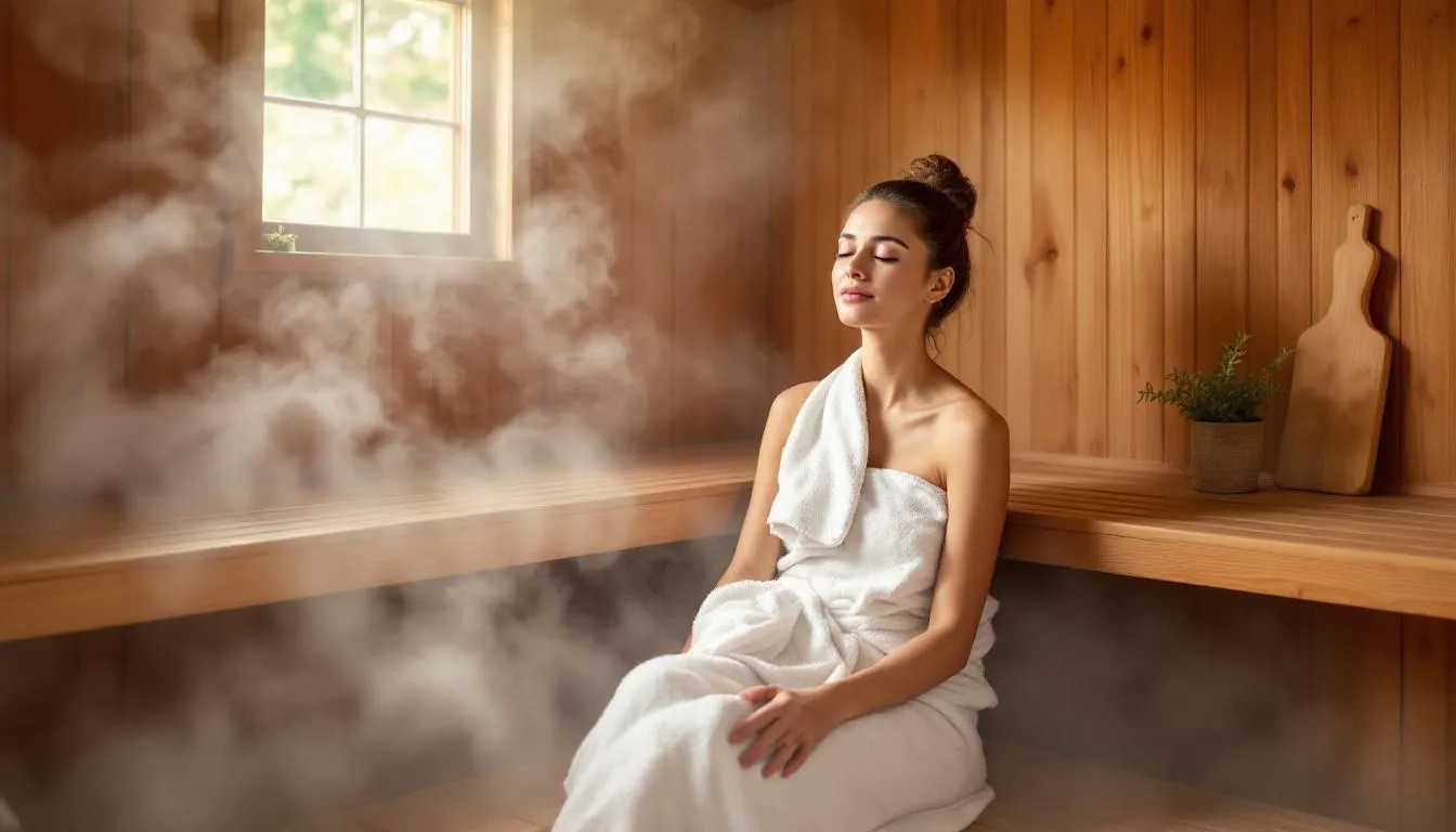 The image depicts a serene sauna room, where individuals are enjoying regular sauna sessions to experience the many health benefits, such as improved circulation and stress relief. The warm ambiance highlights the importance of sauna bathing for cardiovascular health and muscle soreness reduction.