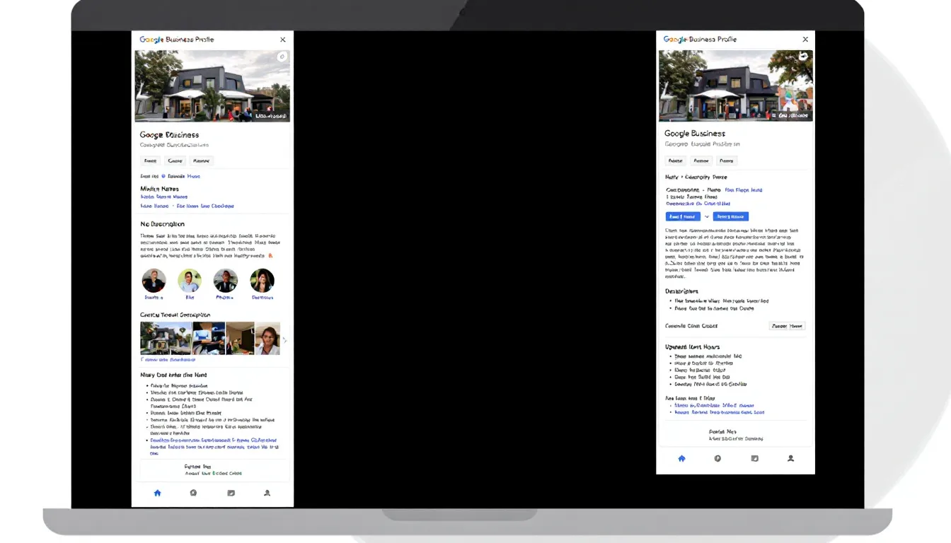 In the image, a side-by-side comparison illustrates an incomplete Google Business Profile on the left, lacking essential details like business hours and a brief description, while the right side showcases a fully optimized profile featuring accurate business information, new photos, and customer reviews, designed to attract more customers and rank higher in local search results.