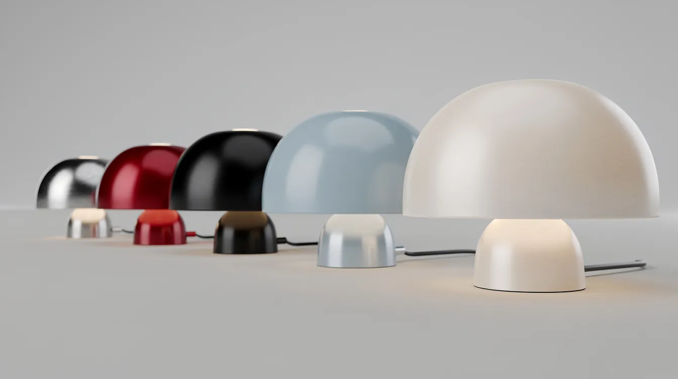 En uppställning av olika plåtlampor i varierande storlekar och färger, där varje lampa visar sin unika design och stil. Färgerna sträcker sig från ljusa nyanser till mörkare toner, vilket skapar en intressant visuell kontrast.