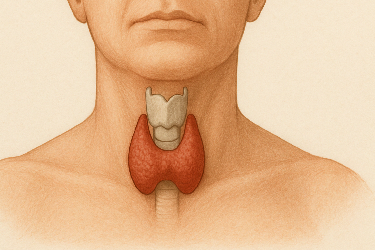 Medisinsk illustrasjon av en menneskehals som viser skjoldbruskkjertelen i rødt ved lav aktivitet, plassert foran luftrøret. lavt stoffskifte hypotyreose symptomer på hypotyreose blant annet thyroid svikt nedsatt struma sykdommen under prosent sjelden manglende