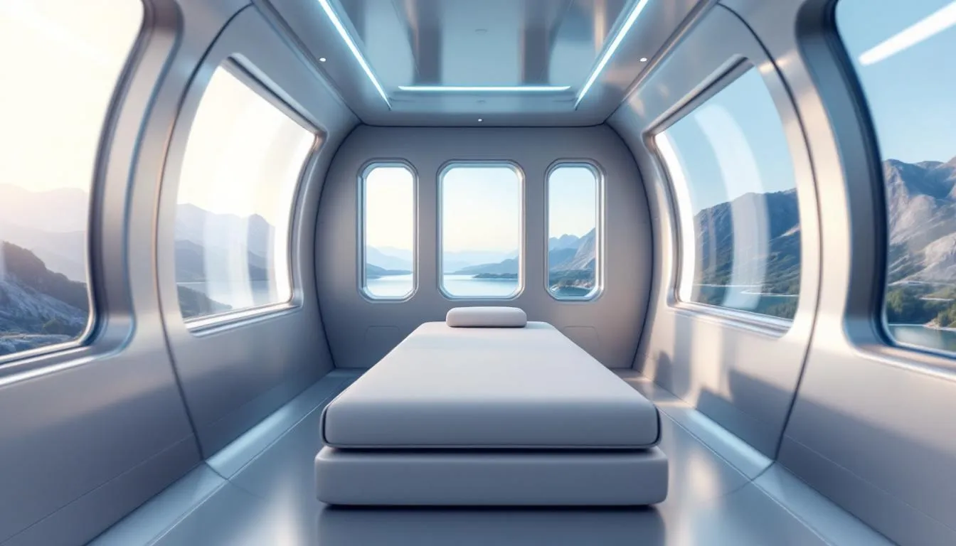 The image depicts the interior of a spacious portable hyperbaric chamber, featuring large windows that allow natural light to enter and a comfortable slow rebound mattress. This oxyrevo apex36 1.5 ata portable hyperbaric chamber is designed for both home and commercial use, ensuring a relaxing hyperbaric oxygen therapy experience.