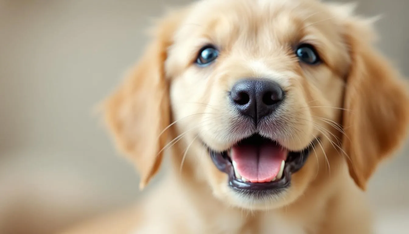 A close-up of a golden retriever puppy shows its mouth slightly open, revealing clean baby teeth and the sweet smell of puppy breath. The puppy