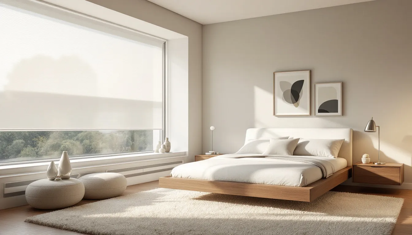 A beautifully decorated bedroom featuring roller shades.