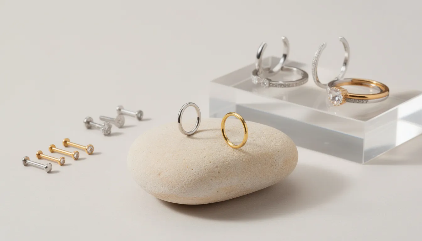 The image showcases a variety of nose rings and hoops, highlighting styles from delicate silver nose rings to chunky gold options. This diverse collection of nose jewellery includes smooth finish nose studs and versatile nose hoops, perfect for everyday wear or making a bold statement.