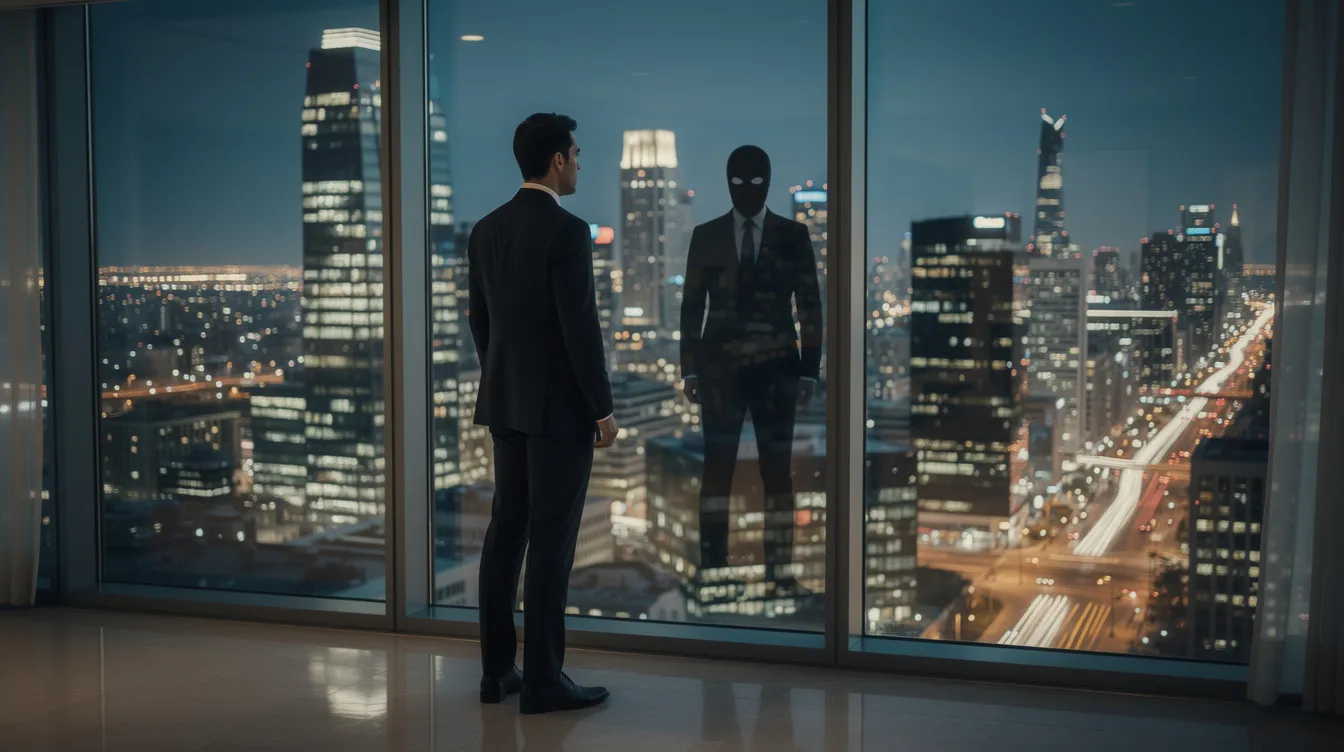 Ein eleganter Mann im Anzug steht vor einem großen Fenster und blickt auf die nächtliche Skyline von Gotham City. Sein Spiegelbild zeigt eine dunkle, maskierte Silhouette, die an die ikonische Figur von Batman erinnert.