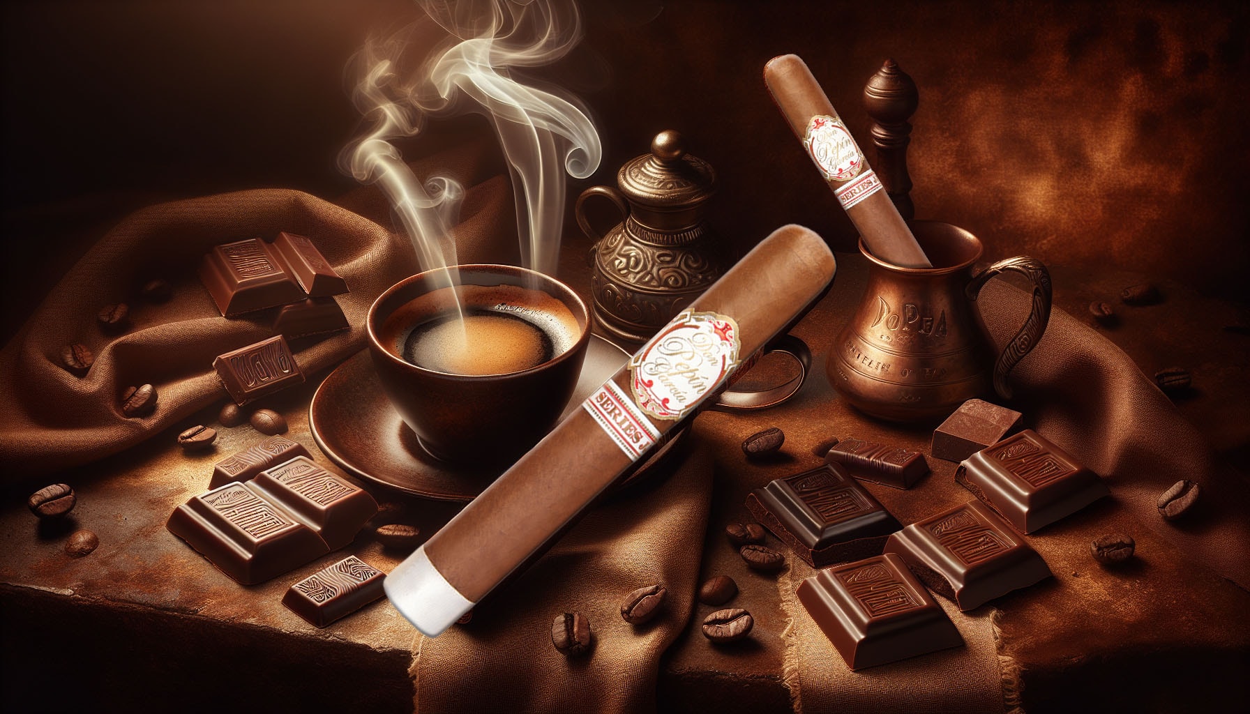 An artistic representation of the Don Pepin Garcia Series JJ Maduro Toro cigar experience.