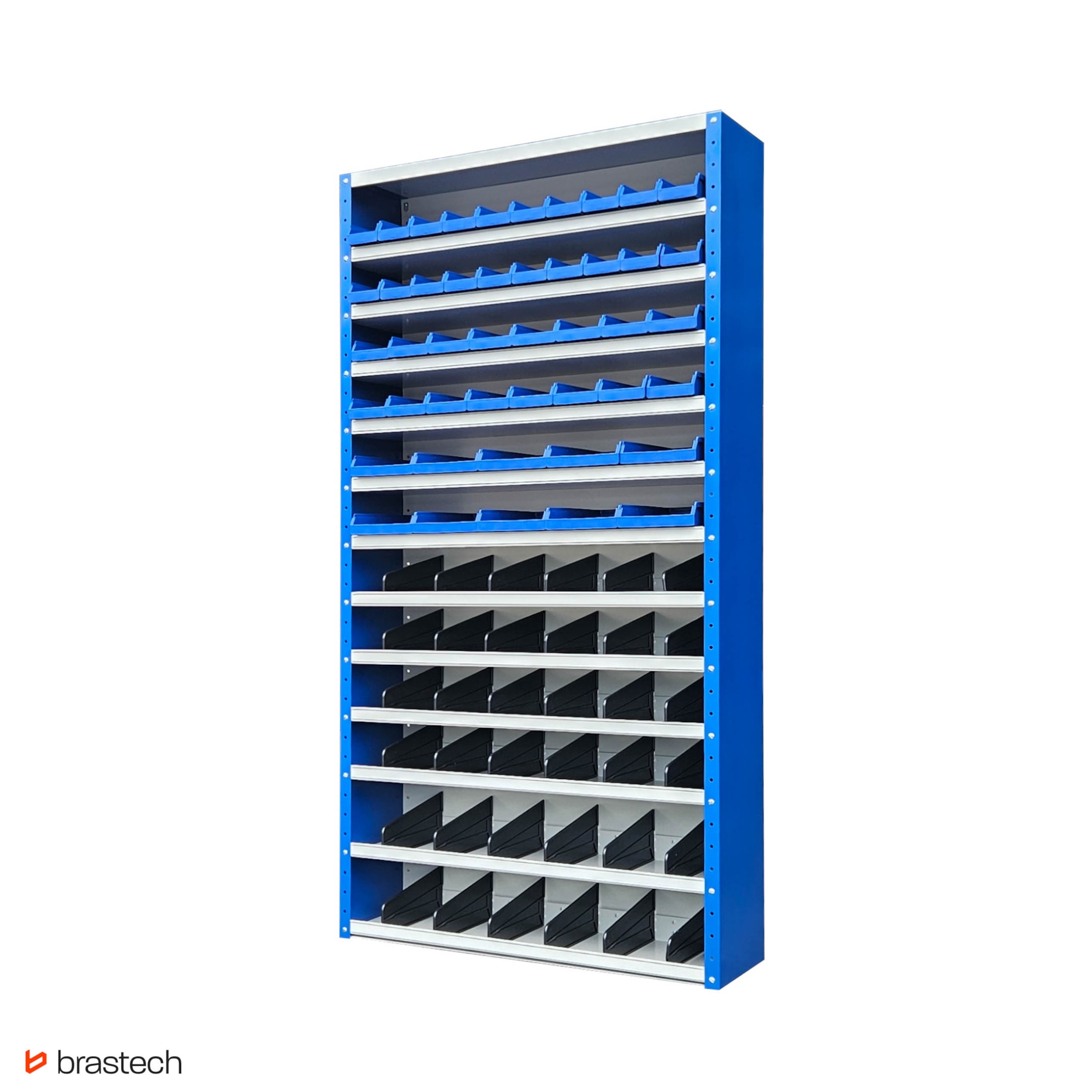 Regał z pojemnikami – kompletny przewodnik po systemach przechowywania do magazynu, warsztatu i domu 7 Regał z pojemnikami i przegrodami. Źródło: Brastech