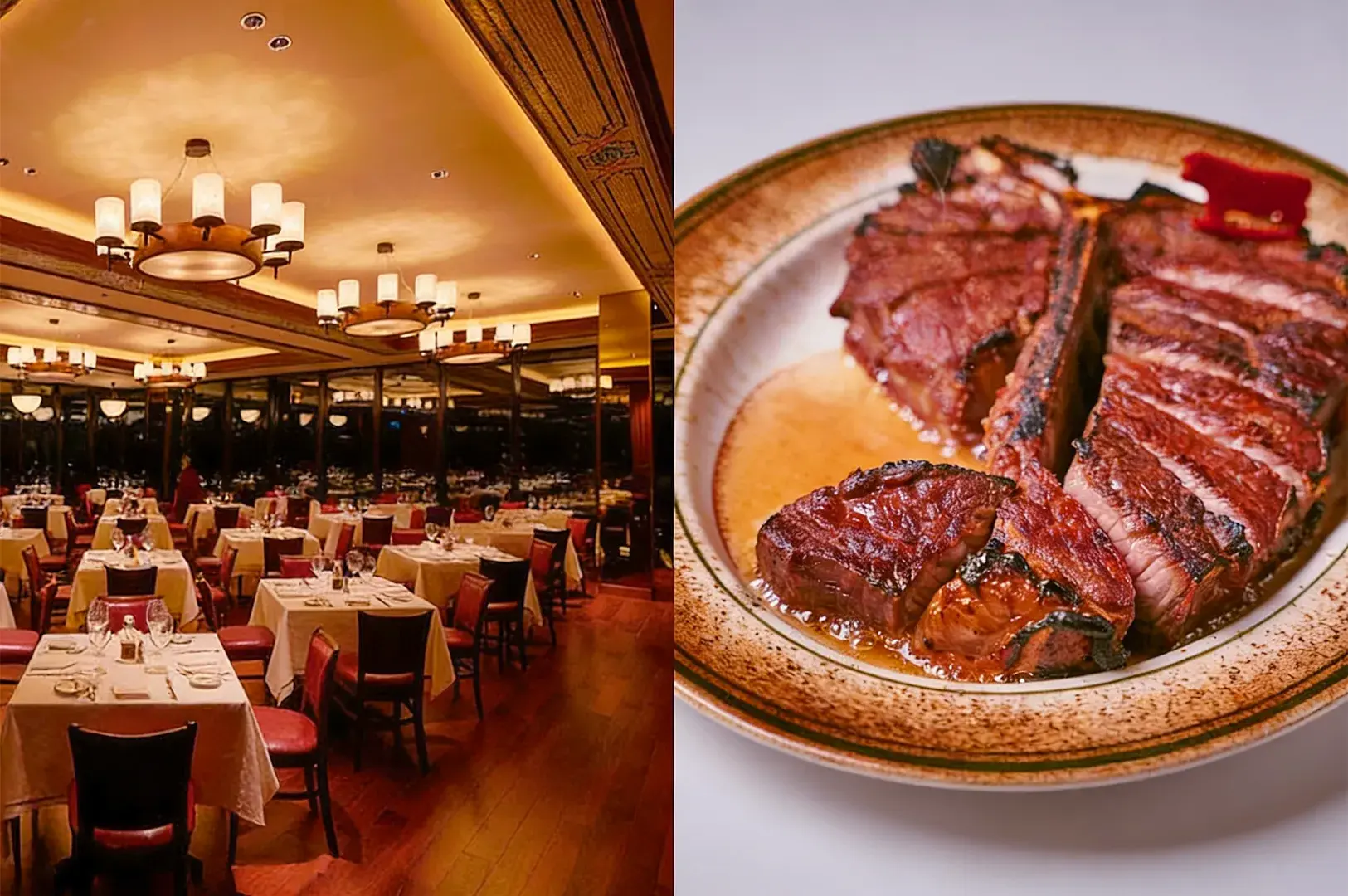 A dimly lit, elegant restaurant interior with white tablecloths and red chairs is shown alongside a plate of juicy, sliced steak, creating a cozy and inviting atmosphere.