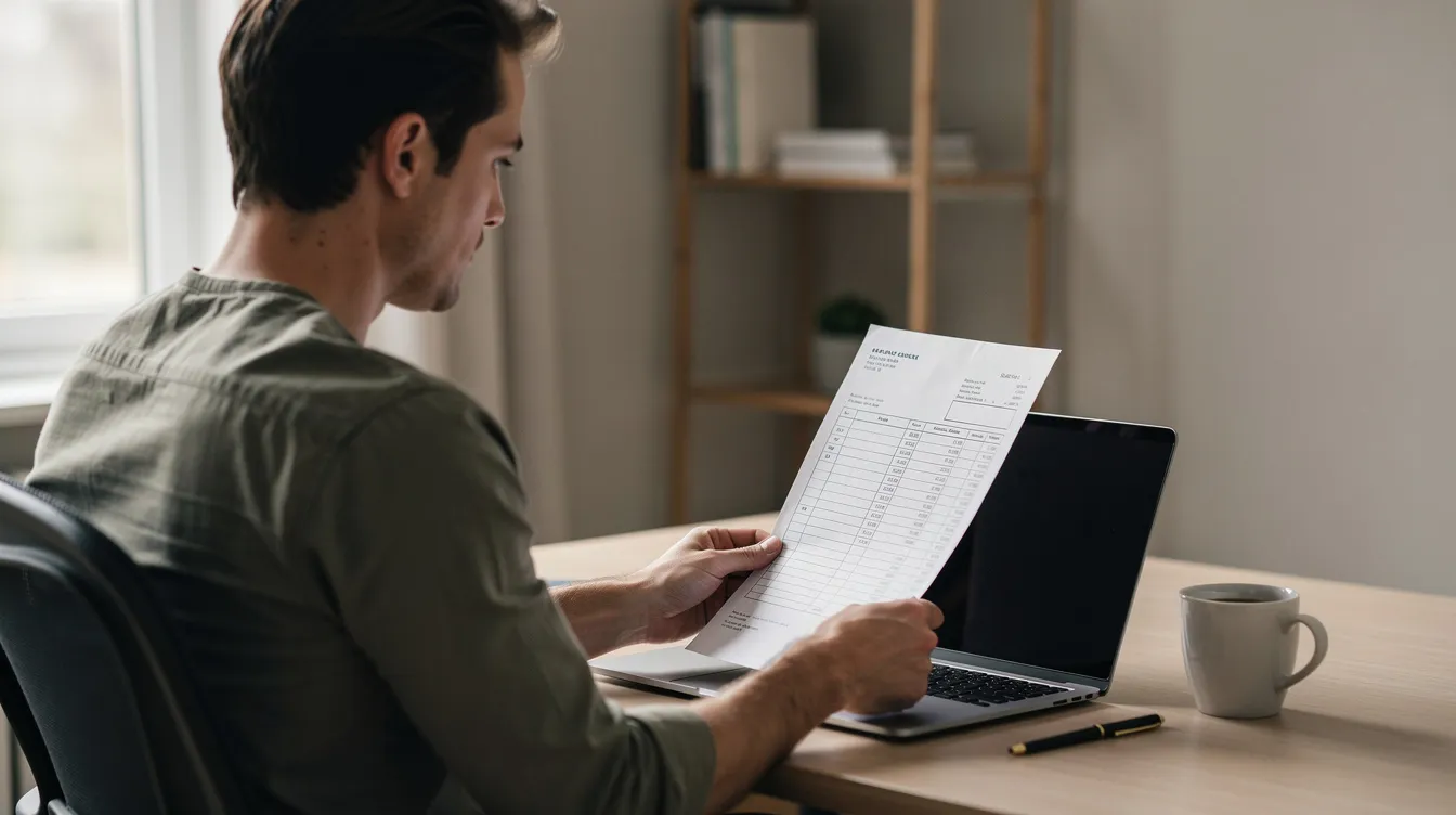 Eine Person sitzt an einem Schreibtisch und arbeitet am Laptop, während sie eine Papierrechnung in der Hand hält. Die Umgebung deutet auf eine Nutzung des Kundenportals von Enercity hin, möglicherweise zur Überprüfung von Verträgen oder Zählerständen.