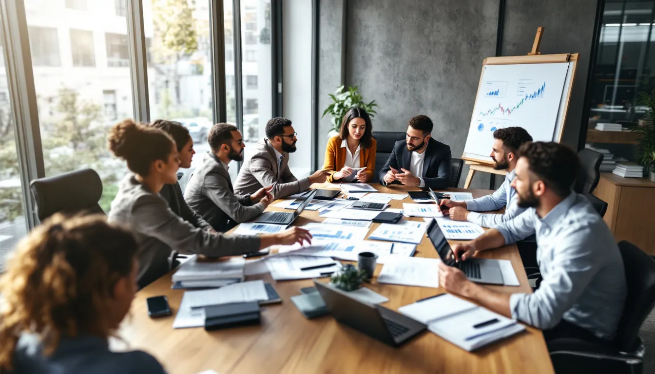 In a conference room, business professionals are engaged in analyzing financial documents and charts, focusing on key aspects such as cash flow, balance sheets, and valuation methods to determine the market value and future profits of a company. Their discussions likely involve important decisions related to business valuation and retirement planning.
