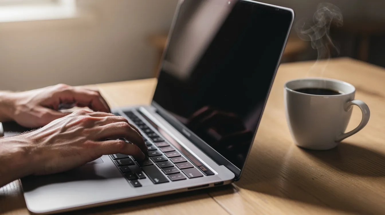 A pair of hands is typing on a laptop keyboard, with a steaming cup of coffee placed beside it, suggesting a cozy workspace. This scene could represent the convenience of managing HSBC accounts and making international money transfers while enjoying a warm beverage.