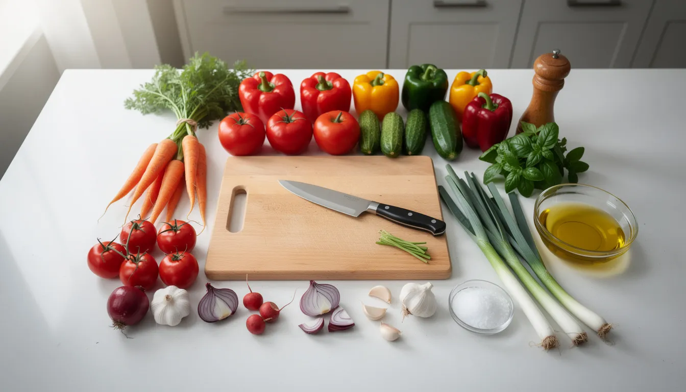 Ernährungsplan 2 Auf der Küchenarbeitsplatte sind frische Gemüse und Zutaten ordentlich angeordnet, ideal für die Planung von gesunden Mahlzeiten. Diese Anordnung bietet eine inspirierende Grundlage für einen Essensplan oder Rezepte, die die Ernährung der Familie bereichern.