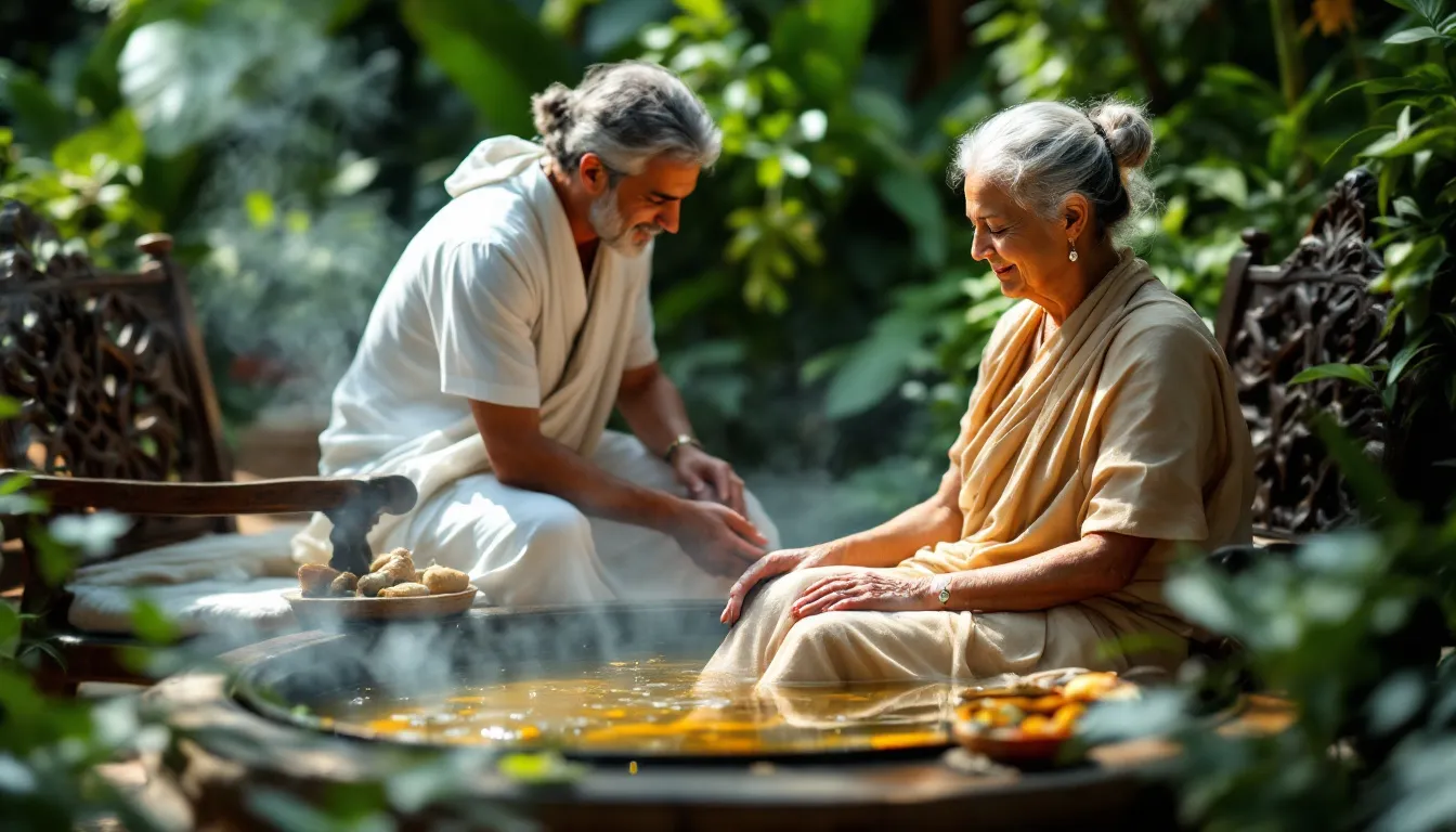In the image, various ayurvedic treatments for knee osteoarthritis are displayed, including herbal remedies and warm medicated oils, aimed at promoting joint health and reducing pain. The setting suggests a serene environment where a qualified ayurvedic practitioner may offer therapies to improve joint function and alleviate symptoms of degenerative joint disease.