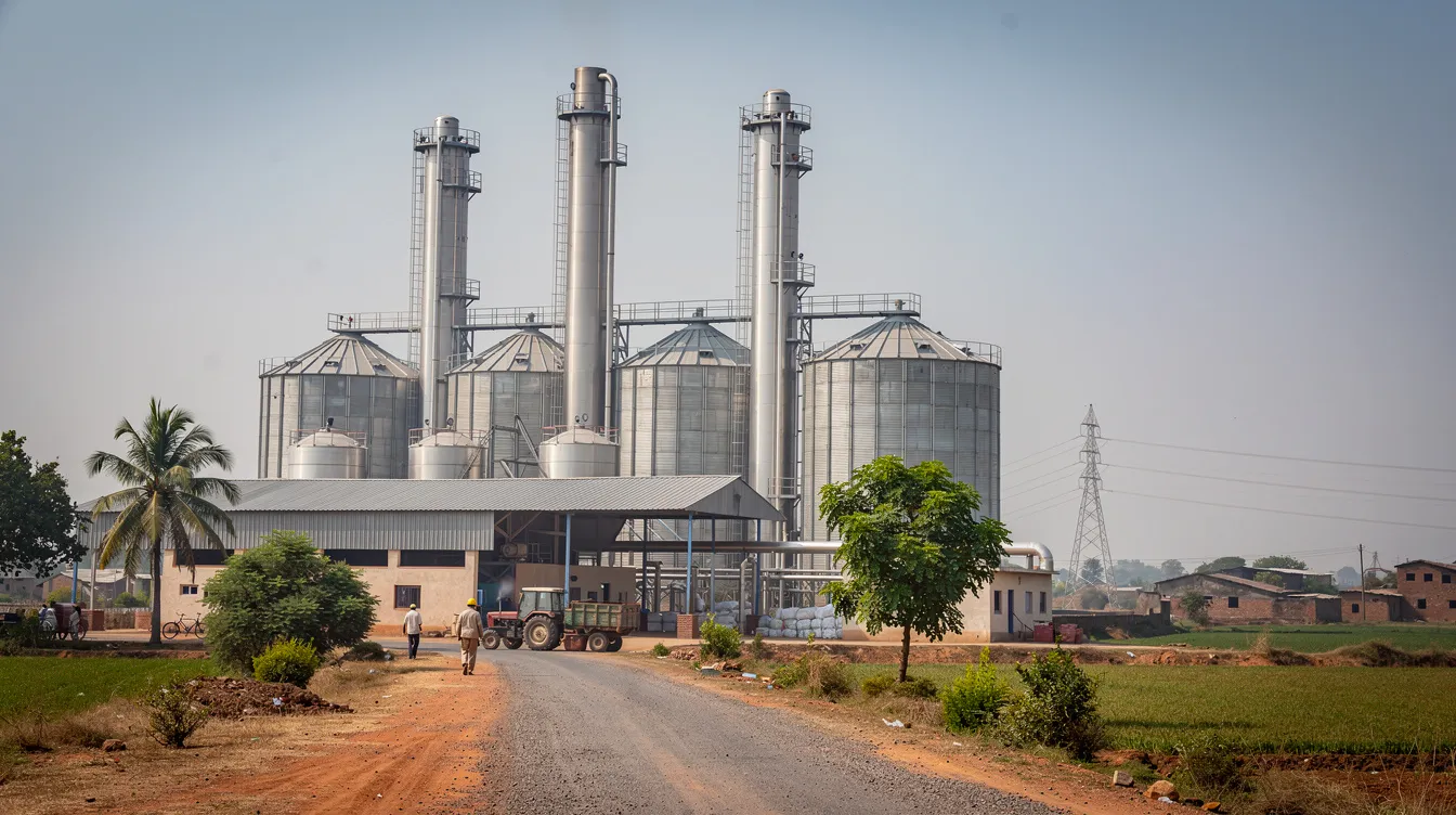 e803b39c a0dc 4a35 9f7a 7b51034780ed The image depicts an industrial ethanol distillery set in a rural Indian landscape, featuring large grain silos and tall distillation columns. This typical ethanol plant is essential for ethanol production, contributing to the country’s renewable fuel standards and agricultural economics.