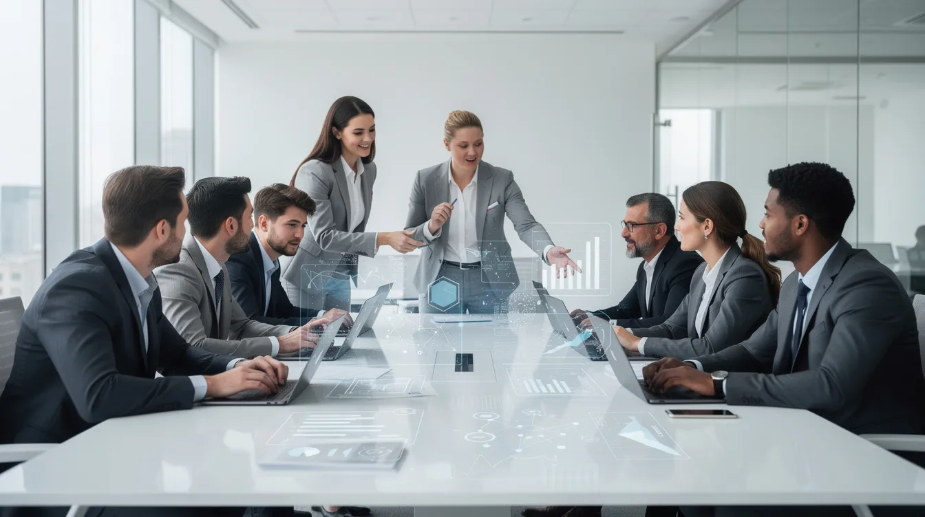 A diverse group of professionals collaborates around a large table in a bright, modern office, utilizing laptops and holographic data displays to analyze financial data and explore the impact of artificial intelligence on the financial services sector. This scene reflects the dynamic environment of the financial industry, where teamwork and advanced technology drive economic growth and innovation.
