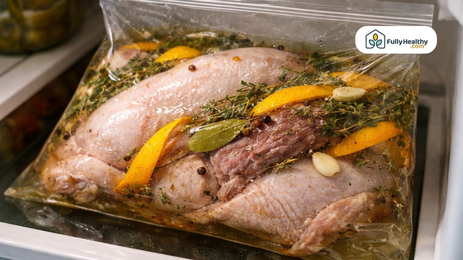 Whole turkey brining inside sealed bag with herbs citrus refrigerator shelf