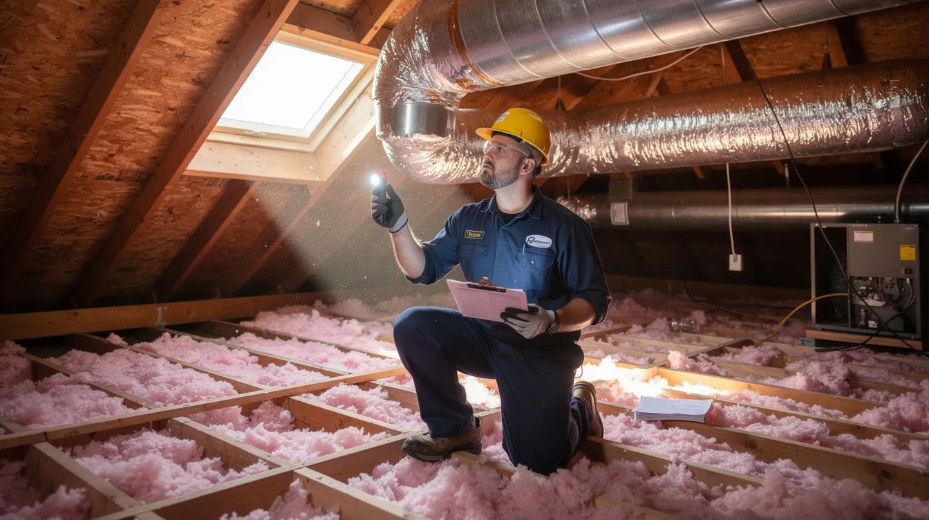 An HVAC professional is inspecting ductwork in a residential attic, ensuring proper airflow and identifying any issues that may affect air conditioning efficiency. This inspection is crucial for maintaining optimal HVAC services and enhancing the comfort of homeowners.
